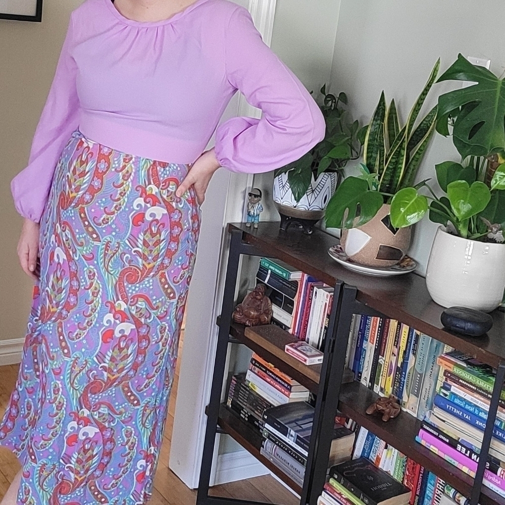 Vintage 70s Psychedelic Boho Hippie Paisley Print Maxi Dress Lilac Purple Sz 10